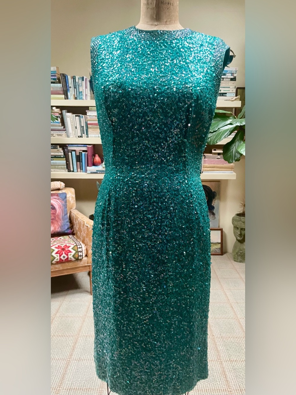 Vintage Sequin Sleeveless Cocktail Dress in a stunning green color!